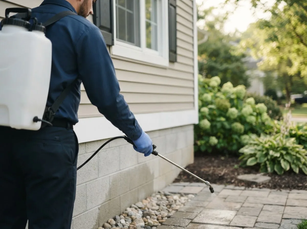 Pest control technician inspecting a home in Santa Fe, NM
